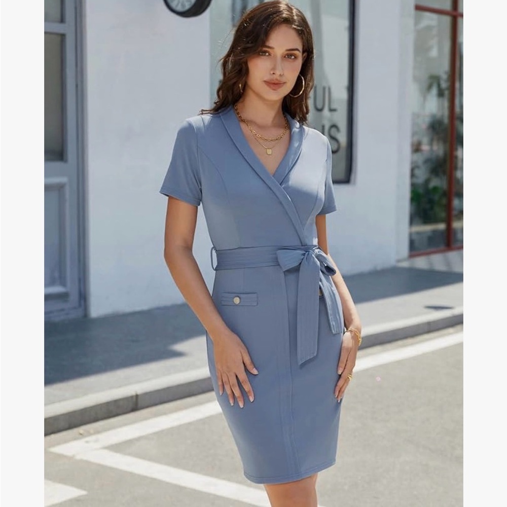 Grace Karin Blue Short Sleeve Faux Wrap Dress